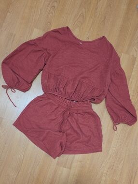 aerie Rust Red Ribbed Two-Piece Lounge Shorts Set